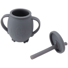 Kindersilikon-Trinkbecher 230 ml auslaufsicher mit Strohhalm, rutschfester Griff, Dunkelgrau