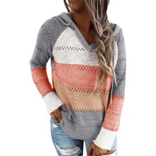 Lässiger Damen-Pullover, atmungsaktives und elastisches Strickmaterial, locker fallender Schnitt, farblich abgesetzter Langarm-Hoodie für