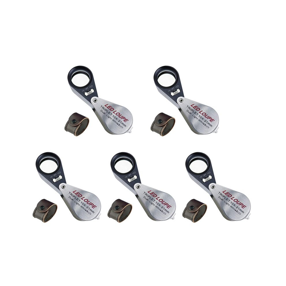 Light 5Pcs 10X Magnification Jeweler Loupe Triplet Lens Magnifier With 6 Led Uv 21Mm For Gems, Jewelry, Coins, Stamps