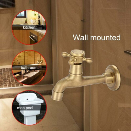 Wall-Mounted Faucet, Solid Brass Single Handle Control For Kitchen, Bathroom, Sink, Mop Pool, Etc. (Antique Finish) 2