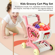 Kids Grocery Cart Play Set with Fruits & Vegetables, Pink, 20.5cm