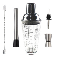 Liquidação! Coqueteleira de vidro e aço inoxidável Leott com escala, cor natural, conjunto de cinco peças, coqueteleira, recipiente graduado