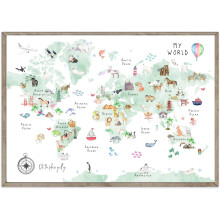 Carte du monde verte pour enfants, toile avec carte des animaux, décoration éducative pour chambre d'enfant, affiche 40 x 60 cm sans cadre