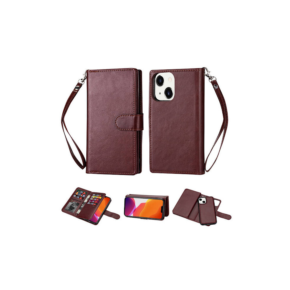 Compatible With Iphone 13 Mini - Practical 9-Card Wallet Case Brown 9191629692132