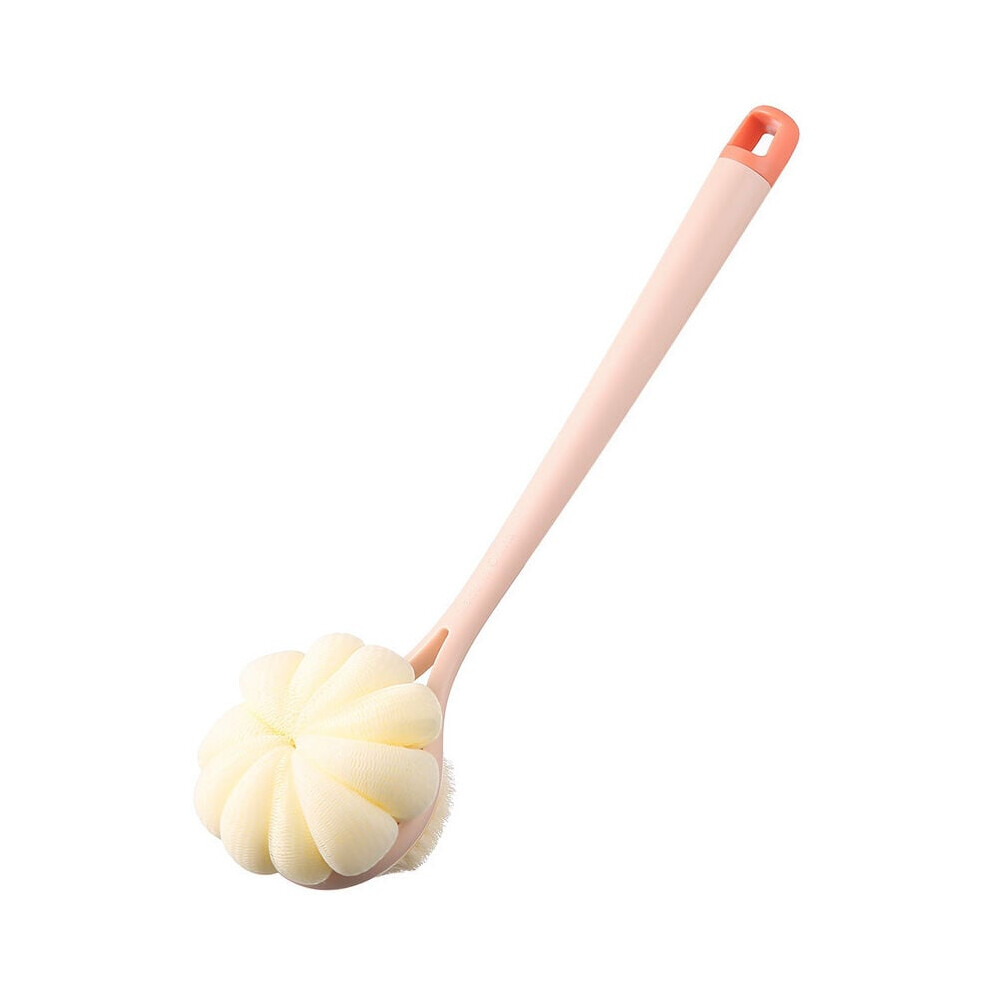 Shower Brush with Bristles and Loofah, Long Handle Bath Brush Back Scrubber for Shower Exfoliating, Double Sided Body Scrubber with Ergonomic Curved