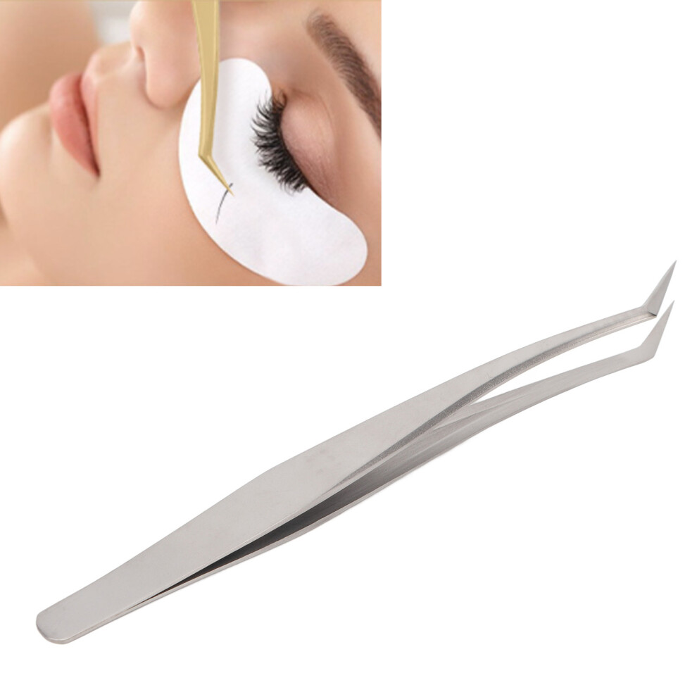 Silver Stainless Steel Long Oblique Eyelash Extension Tweezer For Grafting