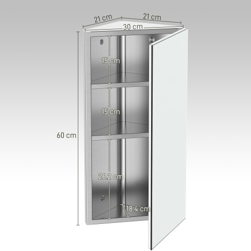 Homcom HOMCOM Bathroom Corner Wall Mirror Storage Cabinet Cupboard Stainless Steel 2