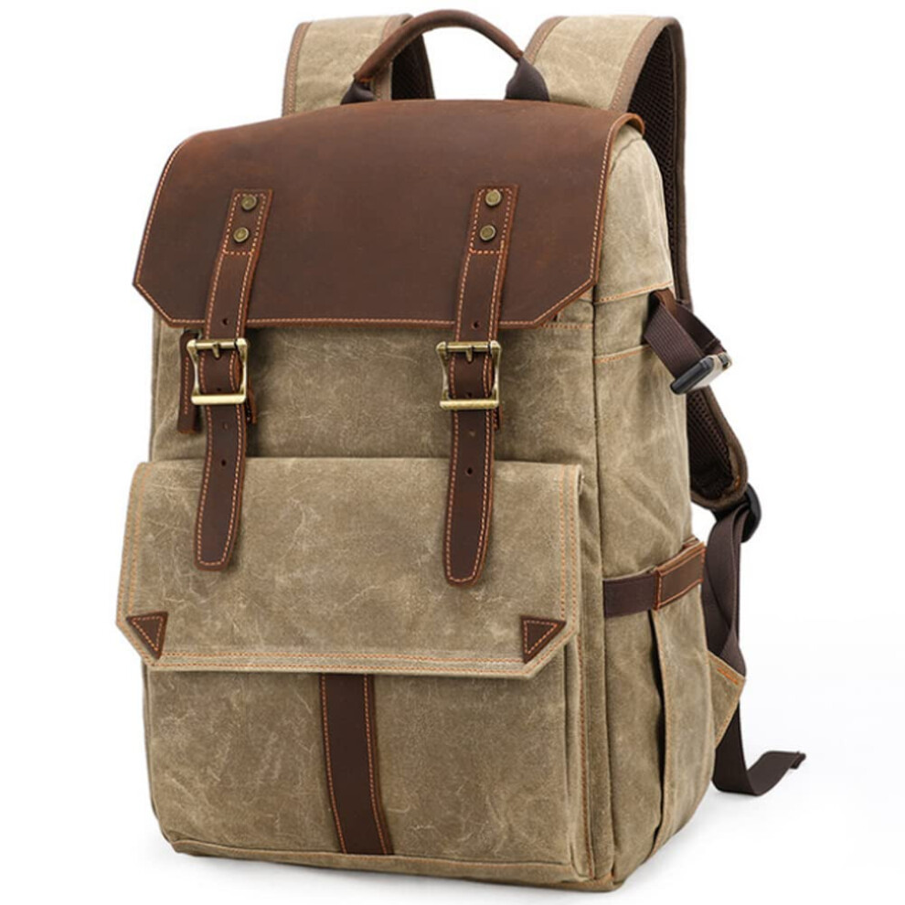 Camera Backpack Waterproof Large Capacity Wax Dyed Canvas Photography Bag For Dslr And Mirrorless Gear Khaki Yellow 9382693738882
