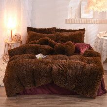Fluffy Comforter Cover Set Queen Size 4Piece Winter Bedding Brown Faux Fur Duvet Cover With Shaggy Pleated Design