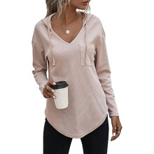 Damen-Sweatshirts mit Kordelzug, langärmlige Pullover mit V-Ausschnitt, atmungsaktives Material, lässige, lockere Kapuzenpullover, vielseitiges und