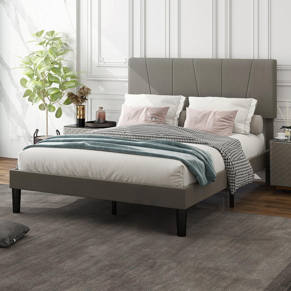 Homcom Double Bed Frame With 5-Level Adjustable Headboard Wooden Slats