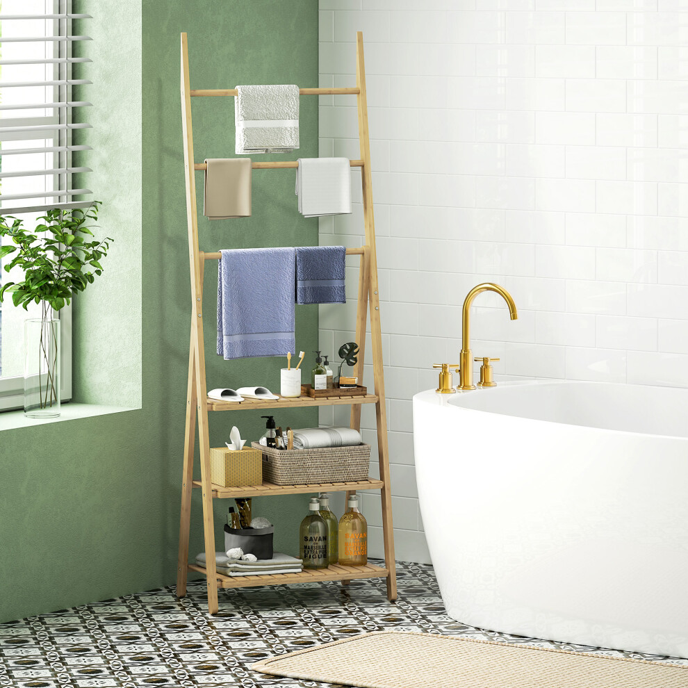 Homcom 3-Tier Folding Bamboo Bathroom Storage Shelving Unit With Towel Bars