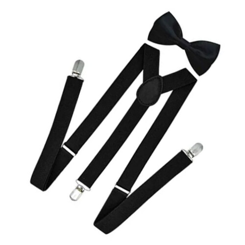 Black Elastic Bowtie Suspender Set for Office, Adjustable Clip-On 2