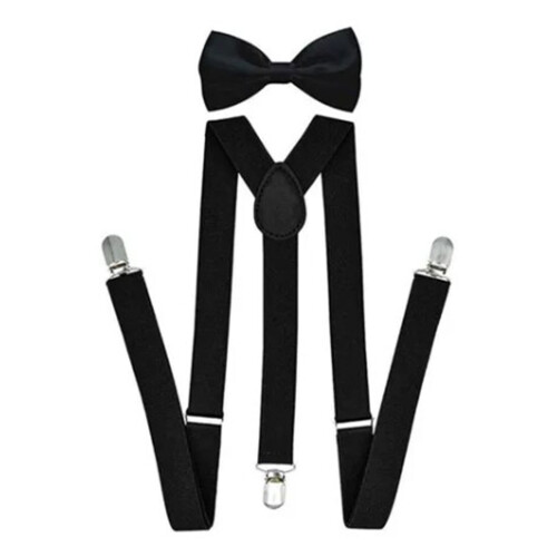 Black Elastic Bowtie Suspender Set for Office, Adjustable Clip-On 1