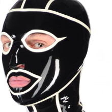 Latex Hood Full Face Mask with White Trim, Open Eyes & Mouth, Handmade BDSM Fetish, Unisex Cosplay, XL 70CM