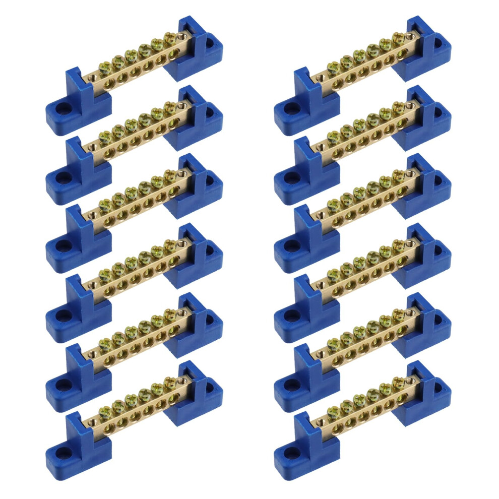 6 Position Brass Terminal Bus Bar Block With Copper Screws, Blue Grounding Strip, Pack Of 12 9347817076981