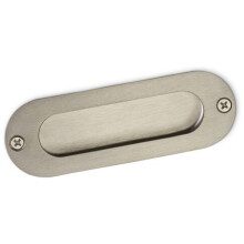 Puxador oval embutido para portas e gavetas de correr, modelo EL-08 em aço inoxidável com acabamento em níquel escovado, parafusos ocultos e