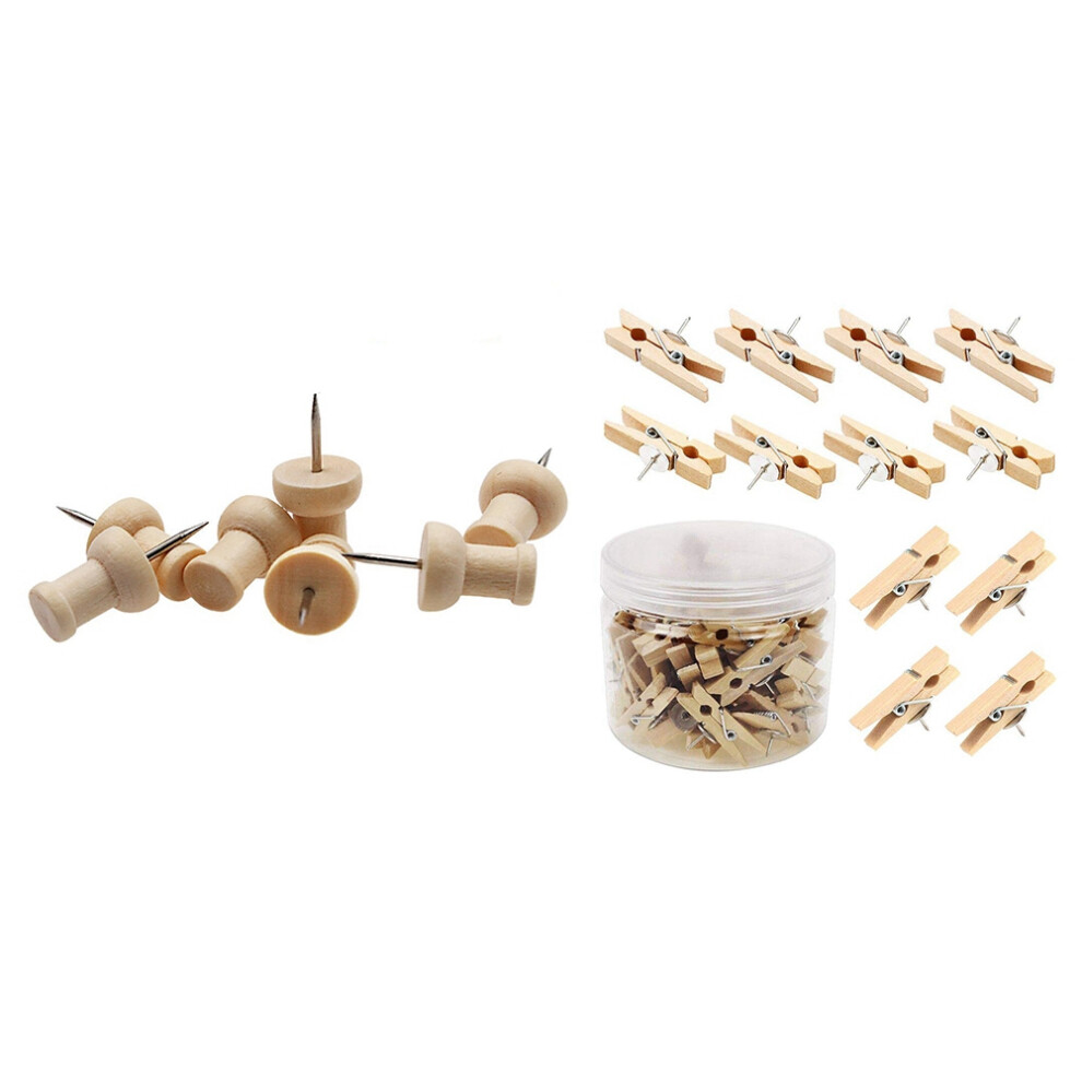 80 Pcs H-Shape Wood Decorative Push Pins & 50 Pcs Push Pins With Wooden Clips Thumbtacks 6033347455749