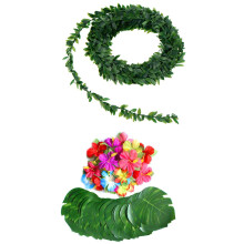 60 Pcs 8 Inch Tropical Monstera Leaves and Hibiscus Flowers & 1x 7.5M Artificial Ivy Garland Foliage Green Leaves