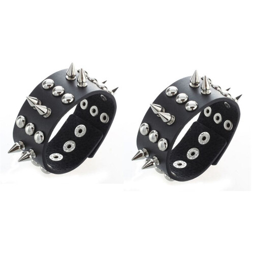 2X BRACCIALE BRACCIALETTO REGOLABILE CUOIO NERO CON Borchie