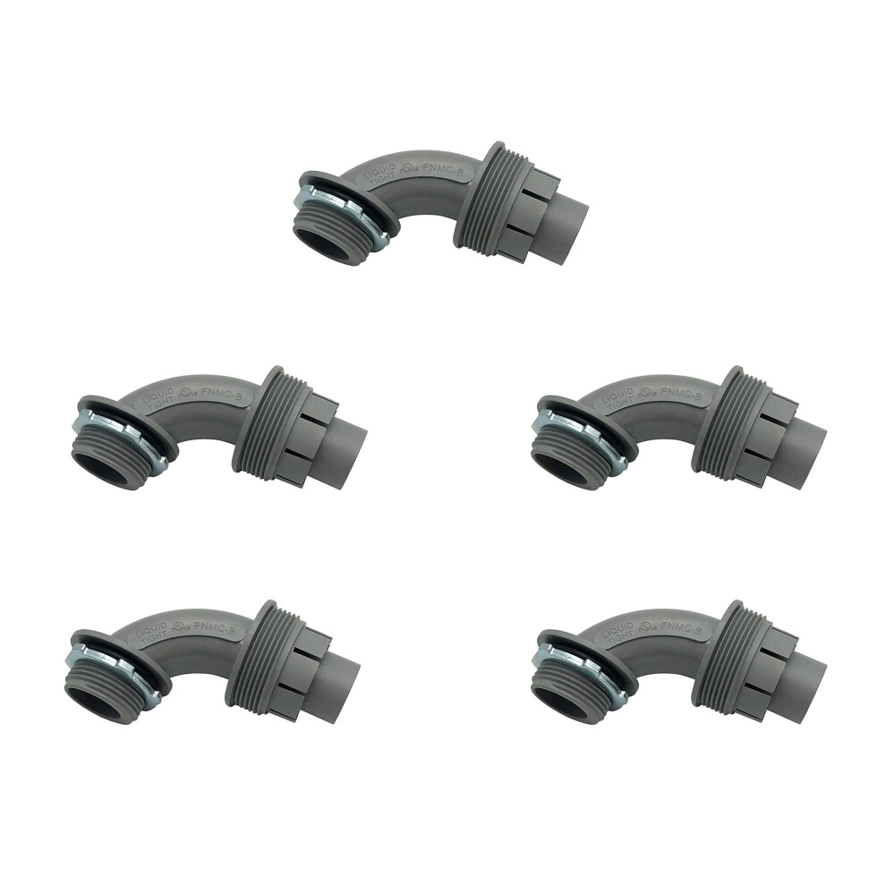 1/2 Inch 90 Degree Liquid Tight Conduit Connector, Nonmetallic Electrical Fitting Ul Listed, 5 Pack 9382693748621