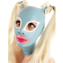 Latex Hood Open Eyes Double Ponytail Full Face Mask with Back Zipper for Unisex Fetish Cosplay Couples L-68CM