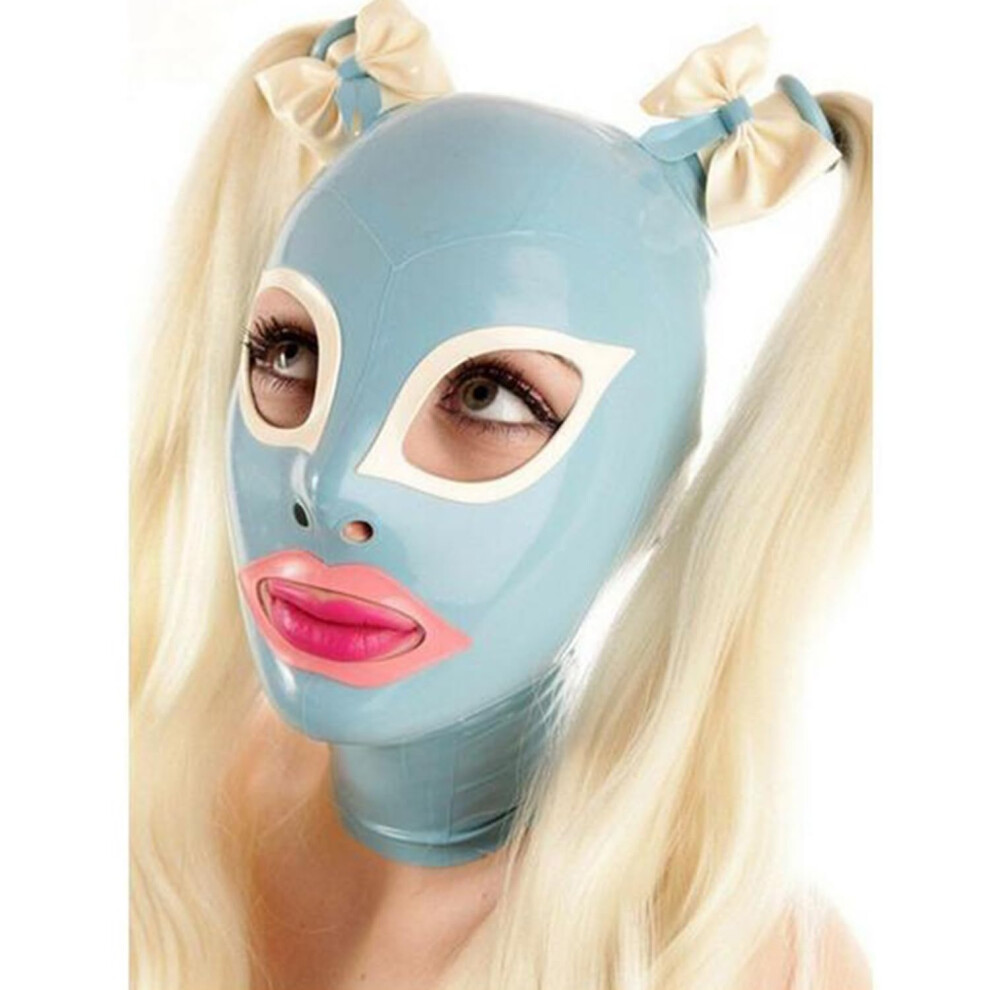 Latex Hood Open Eyes Double Ponytail Full Face Mask with Back Zipper for Unisex Fetish Cosplay Couples L-68CM