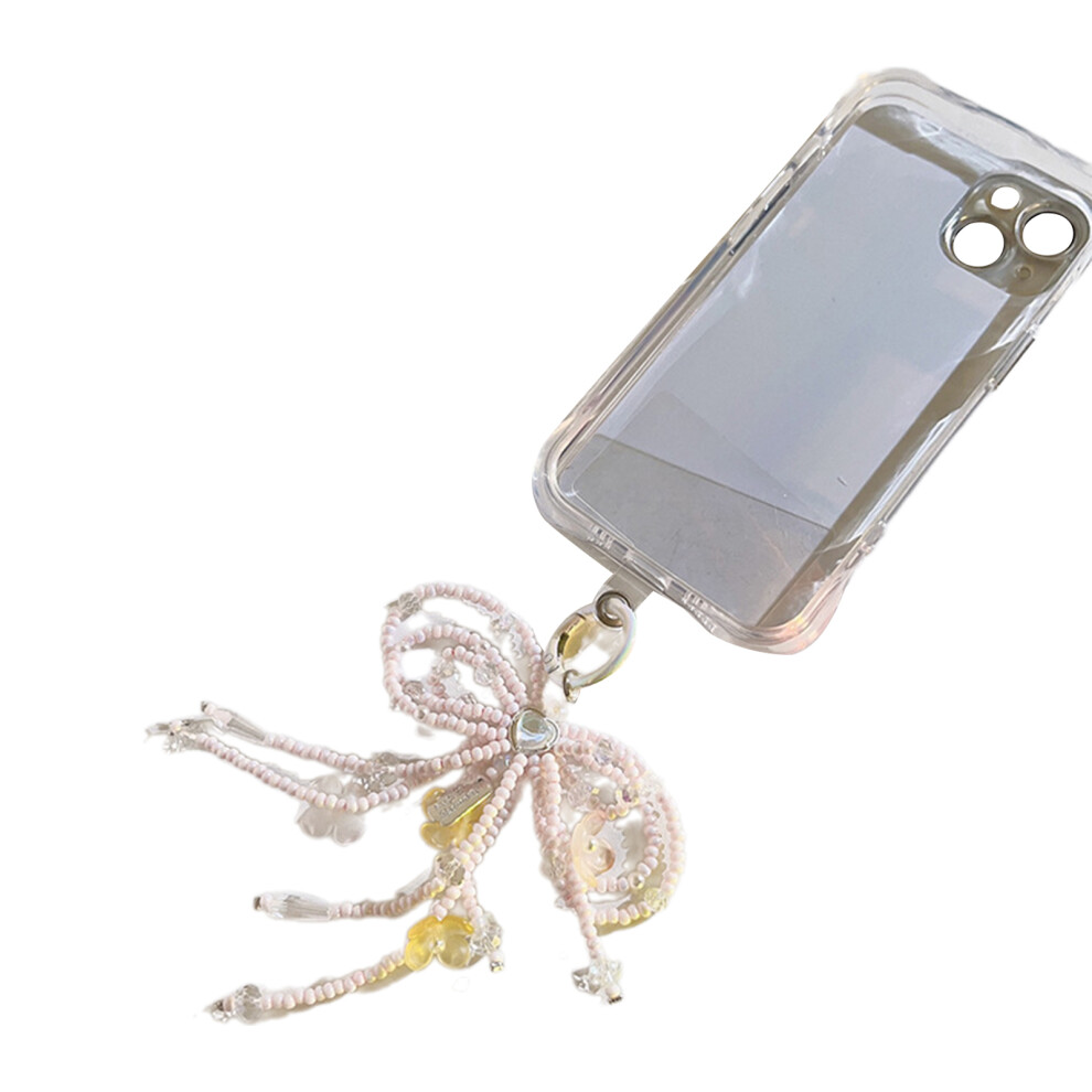 Mobile Phone Chain Clip Handmade Beaded Bowknot Pendant- Pink 7732000829499