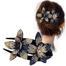Hårstylinghårspännen, kristallhårspänne, elegant hårklämma för kvinnor med glänsande strass, hårspänne med dubbla blommor och halkfritt