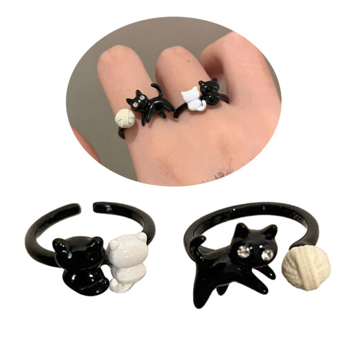 Set mit 2 offenen Ringen mit schwarzer Katze für Damen, modische 1