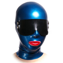SM Latex Hood Mask with Removable Eye Mask in Blue, Back Zipper, Exposed Mouth, Unisex, Size L-68CM
