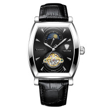 Dress Mens Watches with Leather Strap, Luxury Tonneau Skeleton Mechanical Automatic Watch Self Winding Luminous Waterproof Wristwatch, Elegant Moon