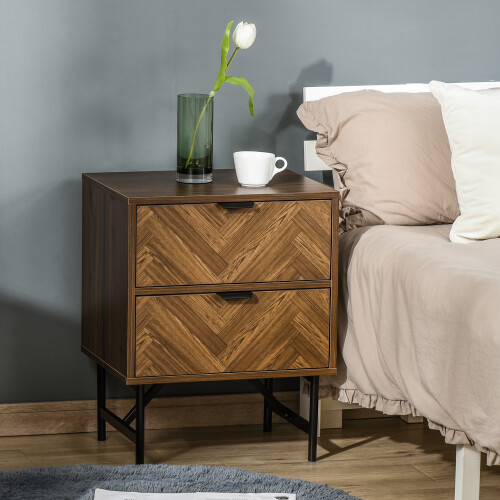 Homcom HOMCOM Two-Drawer Herringbone Bedside Table Home Cabinet Bedroom Storage Brown