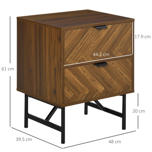 Homcom HOMCOM Two-Drawer Herringbone Bedside Table Home Cabinet Bedroom Storage Brown 2