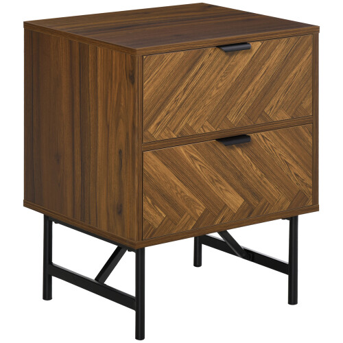 Homcom HOMCOM Two-Drawer Herringbone Bedside Table Home Cabinet Bedroom Storage Brown 1