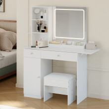 LED Illuminated Mirror Dressing Table Stool Set with Power Strip
