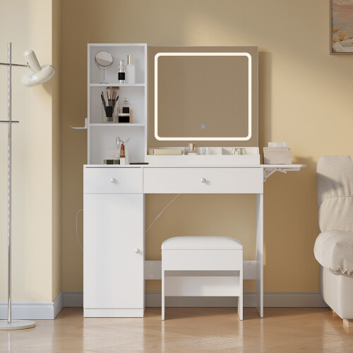 Living And Home LED Illuminated Mirror Dressing Table Stool Set with Power Strip 1