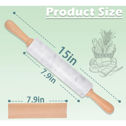 Rolo de mármore de 38 cm (15 polegadas), utensílio de confeitaria versátil com superfície lisa e cabos de madeira para abrir massa sem esforço. 1