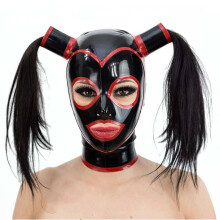 Sexy Latex Hood Mask with Zipper for Role Play, Black and Red, Size Small, High-Quality Latex Material