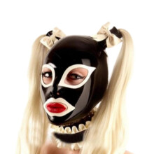 Latex Mask Fetish Bow Role Play Head Cover Red and White Size M for Enhanced Cosplay and Costumes