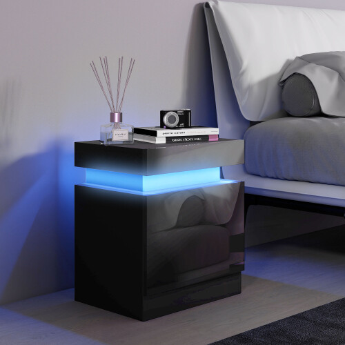Homcom HOMCOM High Gloss Bedside Table with LED Light and 2 Drawers, Black