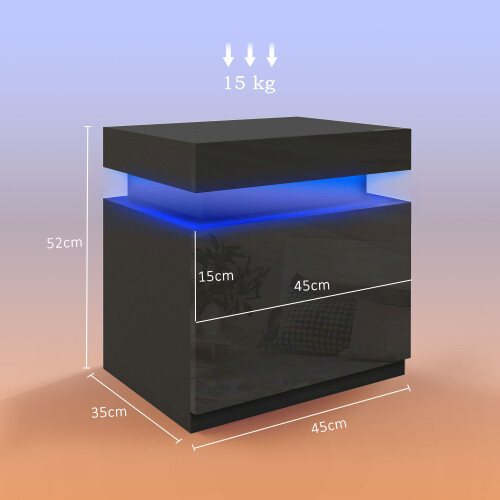 Homcom HOMCOM High Gloss Bedside Table with LED Light and 2 Drawers, Black 2