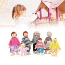 Wooden Doll House Family Figures Set – 7 pcs, 1:12 Scale, Birch & Cloth