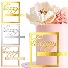 Happy Birthday Cake Topper, Acrylic Cake Topper Hollow Frame Cake Topper with Artistic Font Design, Gold Mirror Decorations for DIY Cake Decorating