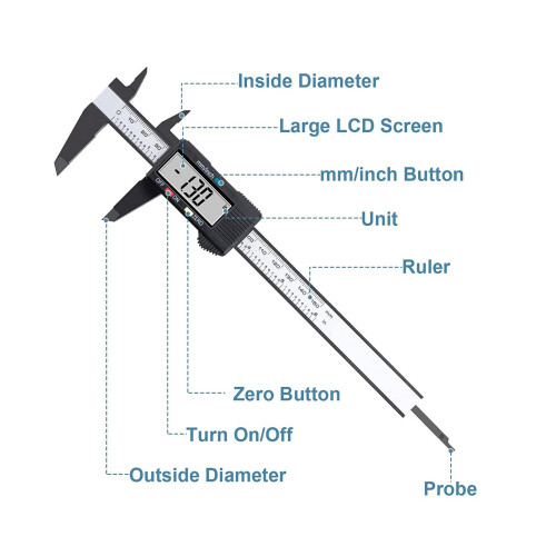 Digital Caliper 6in LCD Screen, 0.1mm Resolution, Black 1