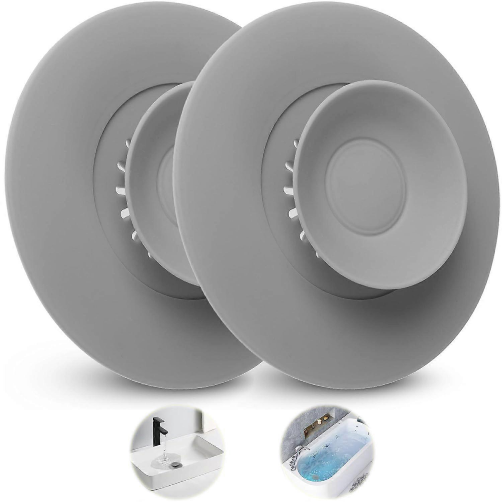 Gray Push-On Drain Cover With Hair Catcher And Anti-Clog Design For Bathtub, Sink, Kitchen Drains - 2-Pack Universal Tub And Sink Stopper Set 8385827158014
