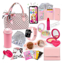 26-27 Play Purse for Little Girls, Princess Pretend Play Set, Play Handbag with Mobile Phone & Makeup Toys for Girls Gift (31pcs)