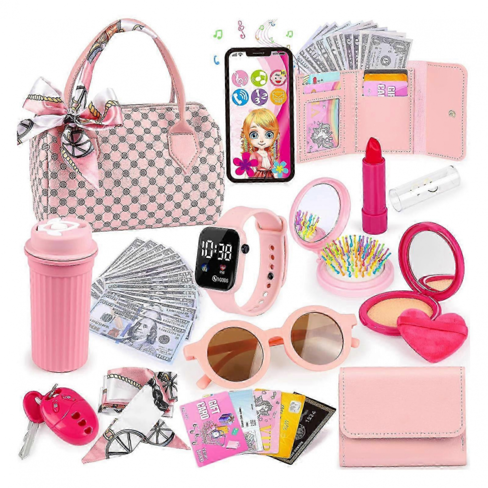 26-27 Play Purse for Little Girls, Princess Pretend Play Set, Play Handbag with Mobile Phone & Makeup Toys for Girls Gift (31pcs)