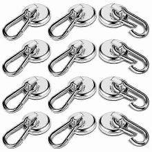 Crochets magnétiques Silver Heavy Duty, lot de 12 avec mousqueton, aimants néodyme capacité 27 kg pour rangement suspendu