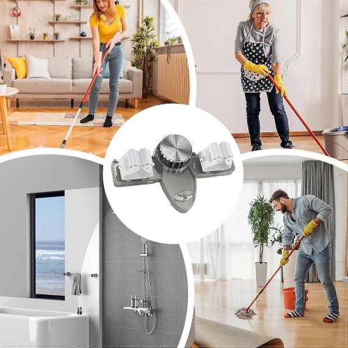 Broom Holder Wall Mount with Rotatable Suction Cup and Hooks, SpaceSaving Mop Organizer Gray 2